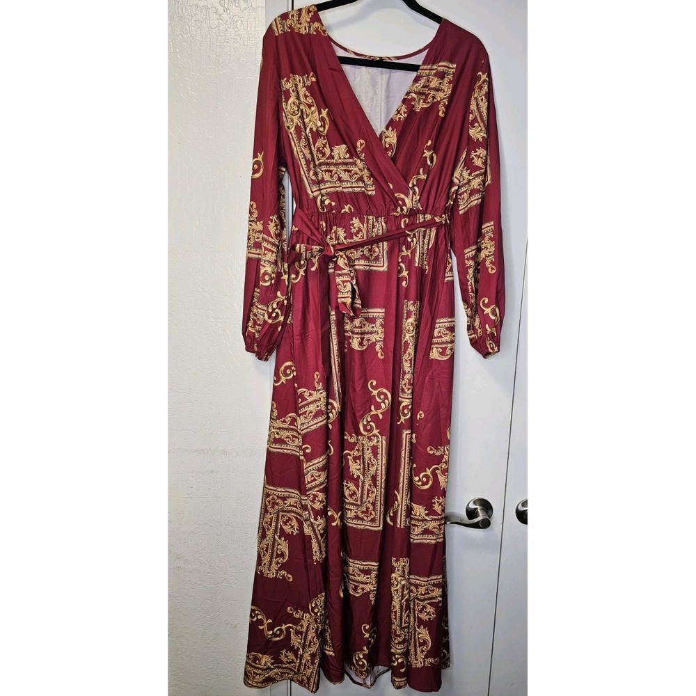 Vintage-Style Burgundy Maxi Dress with Gold Baroque Print – Size L
